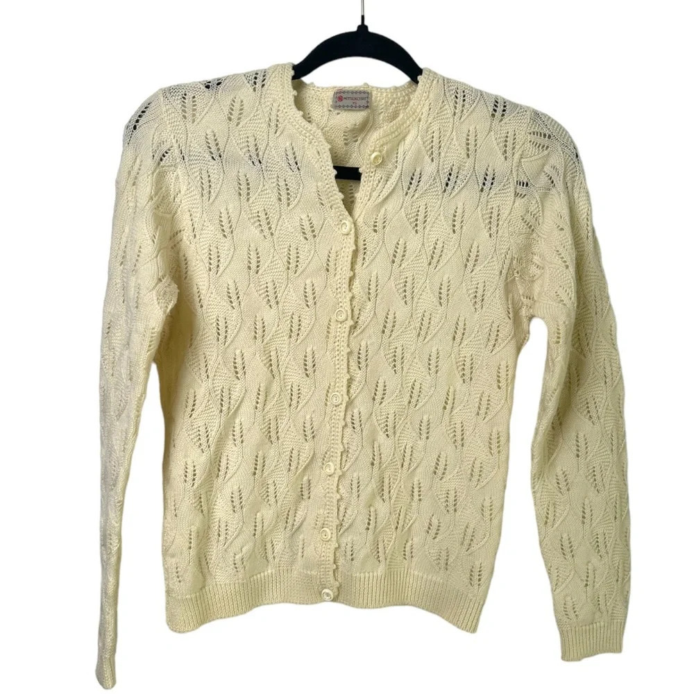 Vintage Mitsukoshi Knit Cardigan Women's Small Ecru Ivory Japanese Wool Feminine